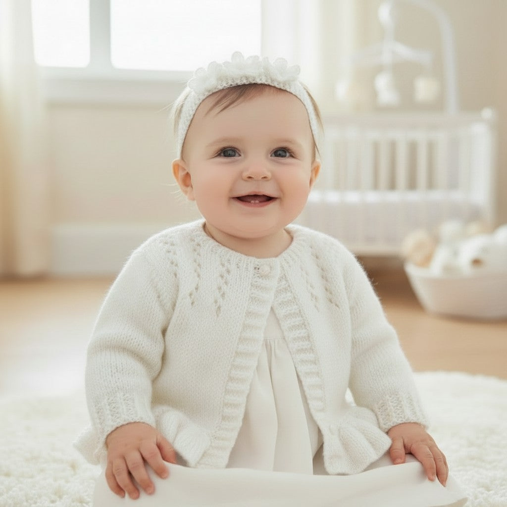 Hand Knitted Pearl-Trimmed Girls Cardigan with Matching Headband – Perfect for Christenings