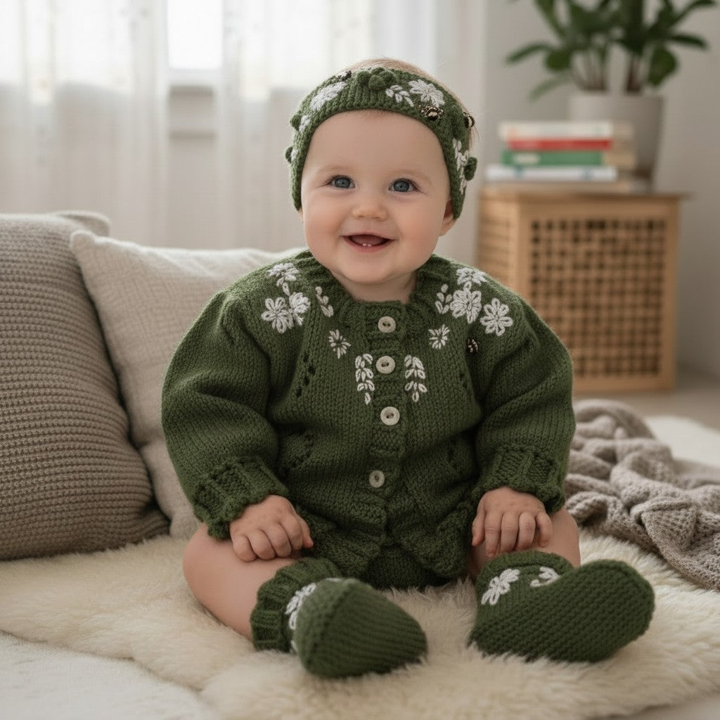 Charming Girls' Embroidered Cardigan Set: Headband & Boots Included