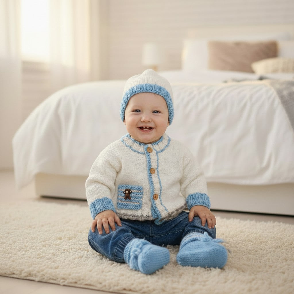 Boys' Knitted Outfit with Pocket and Teddy Bear Button Trim – Hand-Knitted Cardigan, Hat, mittens and Booties Set
