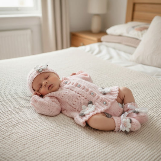 Baby Girl Fluted Hem Cardigan with hat, headband and boots, Flower & leaf Trim