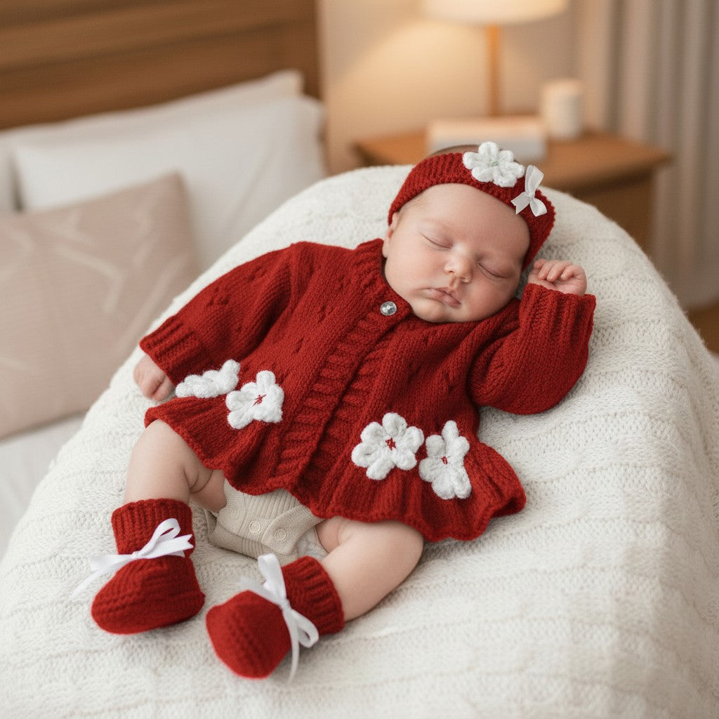 Hand-Knitted Baby Girl Cardigan with Fluted Hem & Flower trim with headband and booties