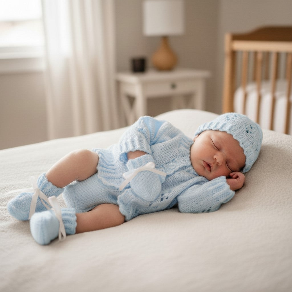 Handcrafted Baby Cardigan with matching hat, mittens & boots  – Perfect for Newborns