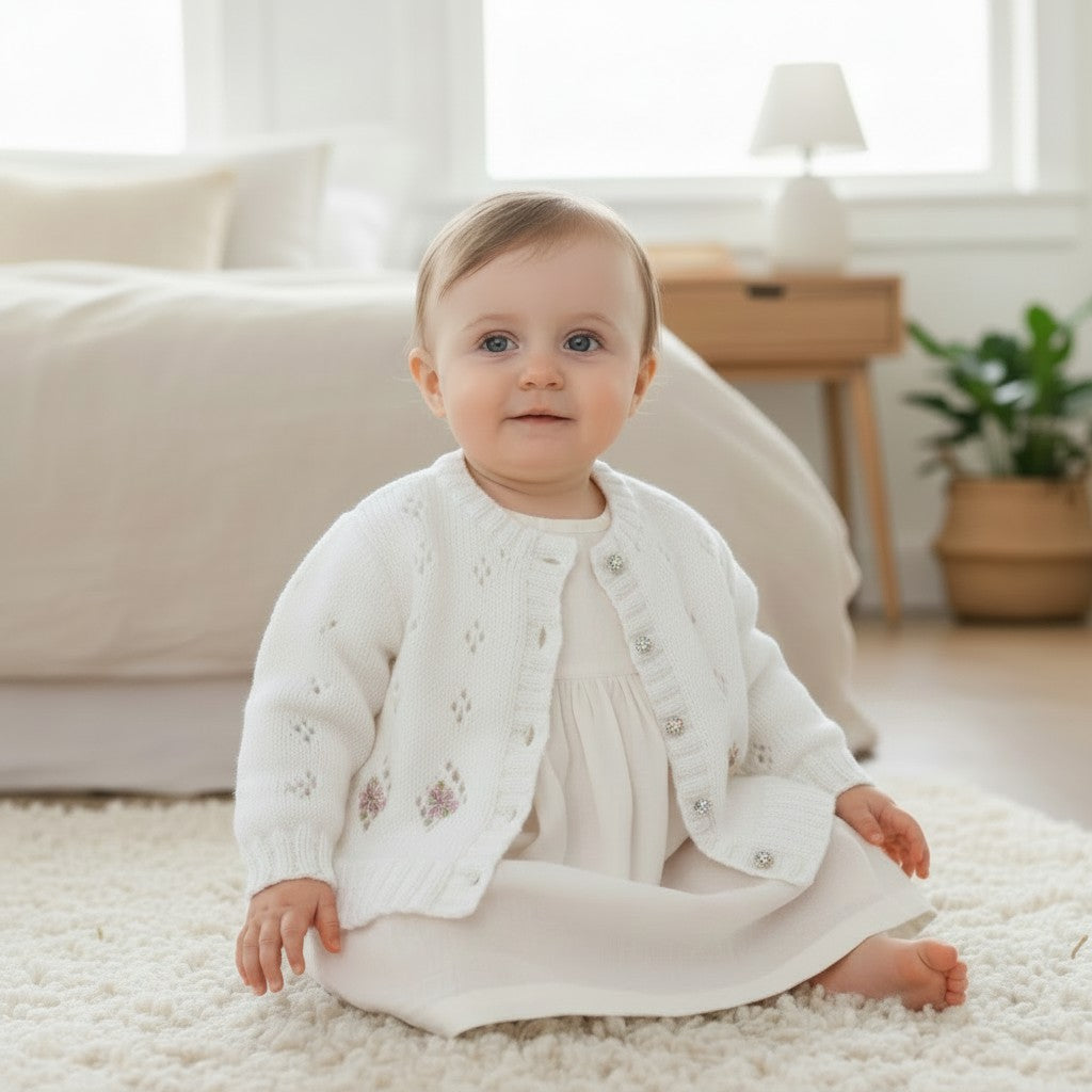 Girls knitted cardigan with diamond lacy design and embroidery
