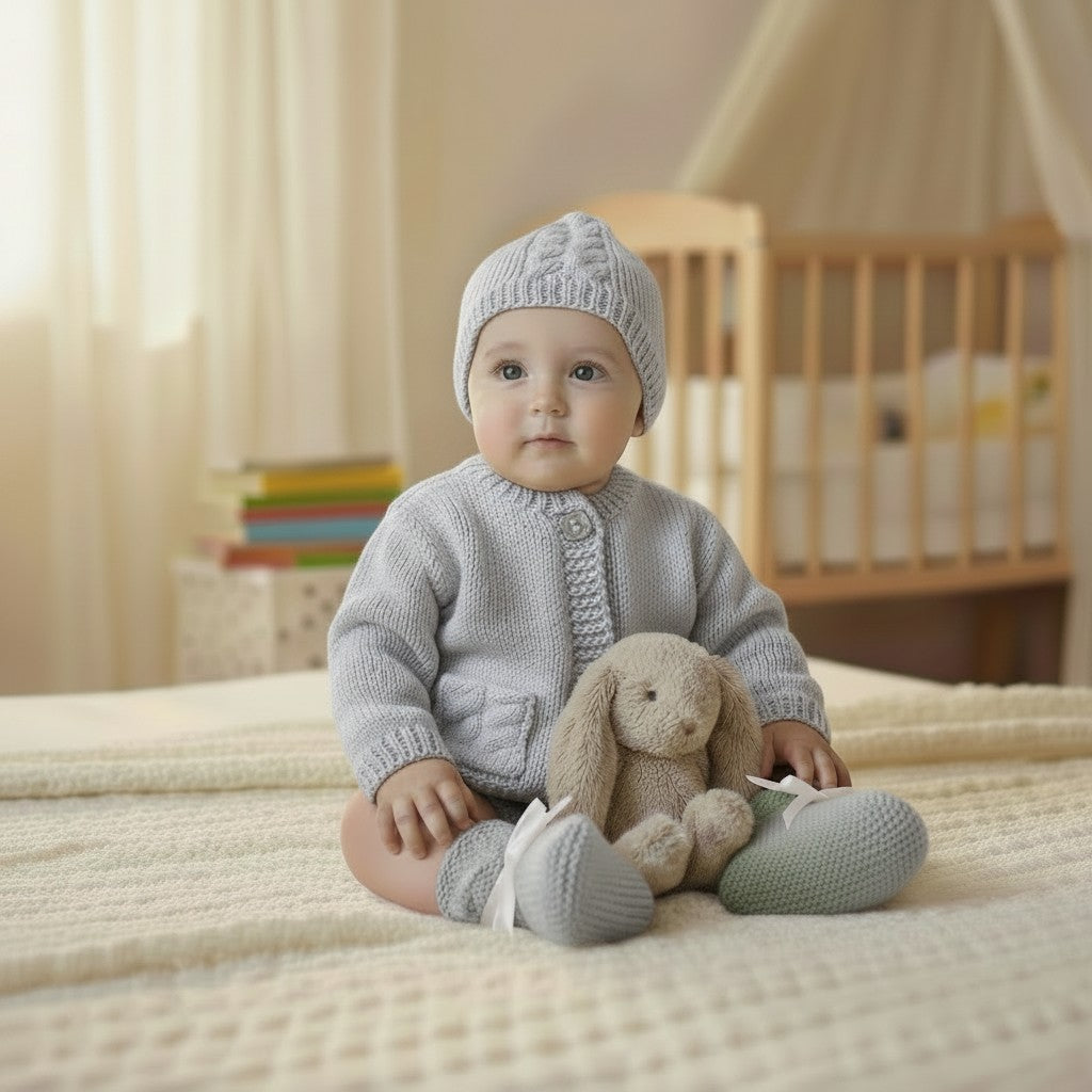 Boys' Cable Design Knitted Cardigan with Matching Hat and Boots – Classic Baby Boy Sweater Set