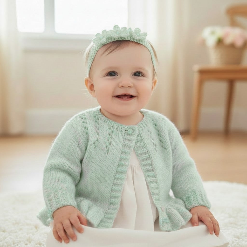 Hand Knitted Pearl-Trimmed Girls Cardigan with Matching Headband – Perfect for Christenings