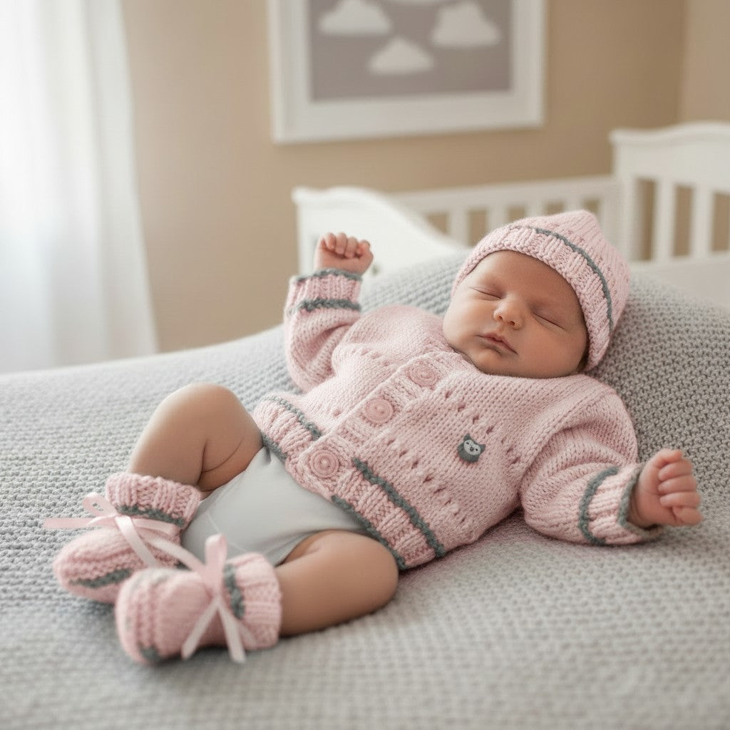 Newborn Baby Cardigan Set with Hat & Booties | Handmade Baby Gift