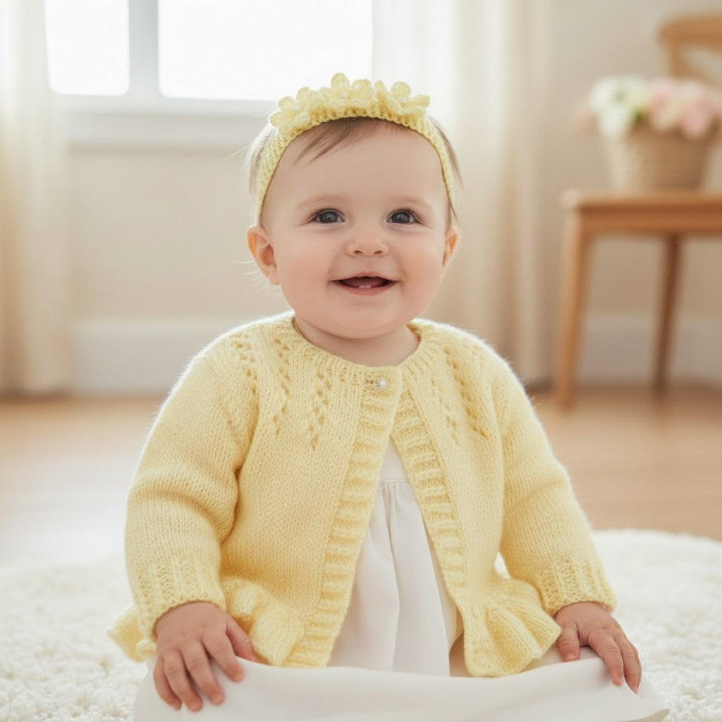 Hand Knitted Pearl-Trimmed Girls Cardigan with Matching Headband – Perfect for Christenings