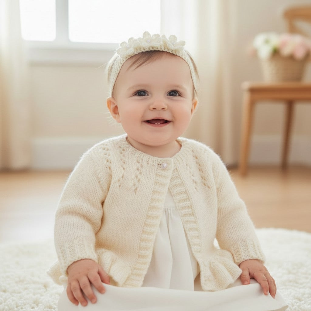 Hand Knitted Pearl-Trimmed Girls Cardigan with Matching Headband – Perfect for Christenings