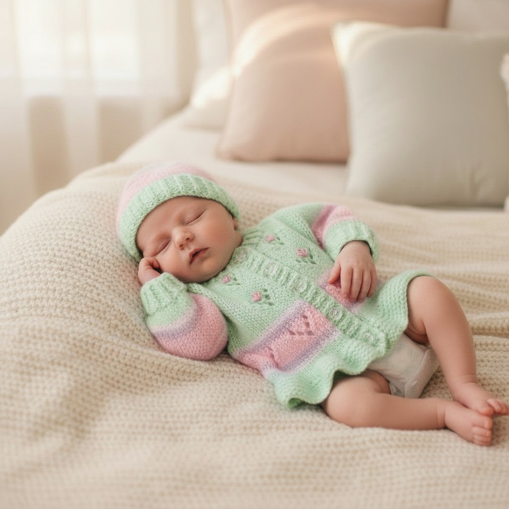 Hand Knitted Girls Cardigan & matching hat in pastel rainbow colours