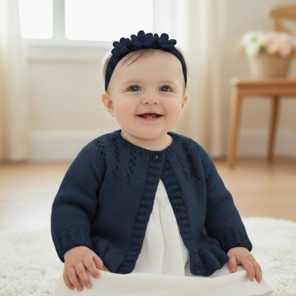 Hand Knitted Pearl-Trimmed Girls Cardigan with Matching Headband – Perfect for Christenings