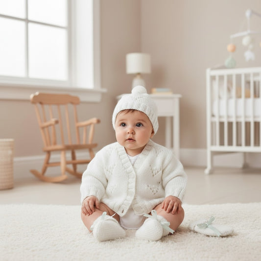 Gorgeous Hand-Knitted Unisex Baby Cardigan with  Matching Hat, Booties & Mittens