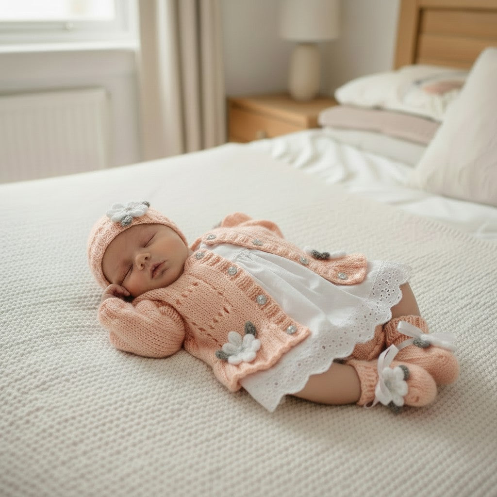 Baby Girl Fluted Hem Cardigan with hat, headband and boots, Flower & leaf Trim