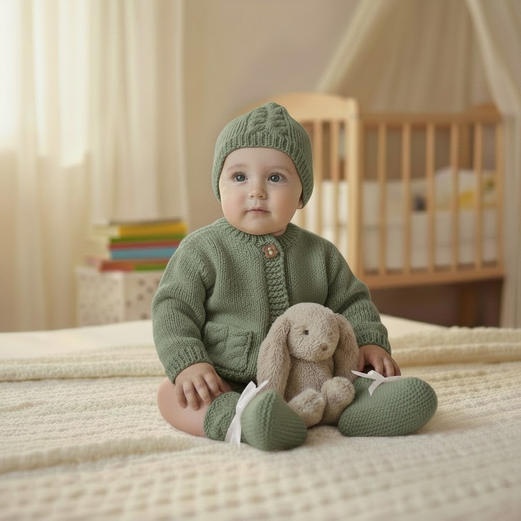 Boys' Cable Design Knitted Cardigan with Matching Hat and Boots – Classic Baby Boy Sweater Set
