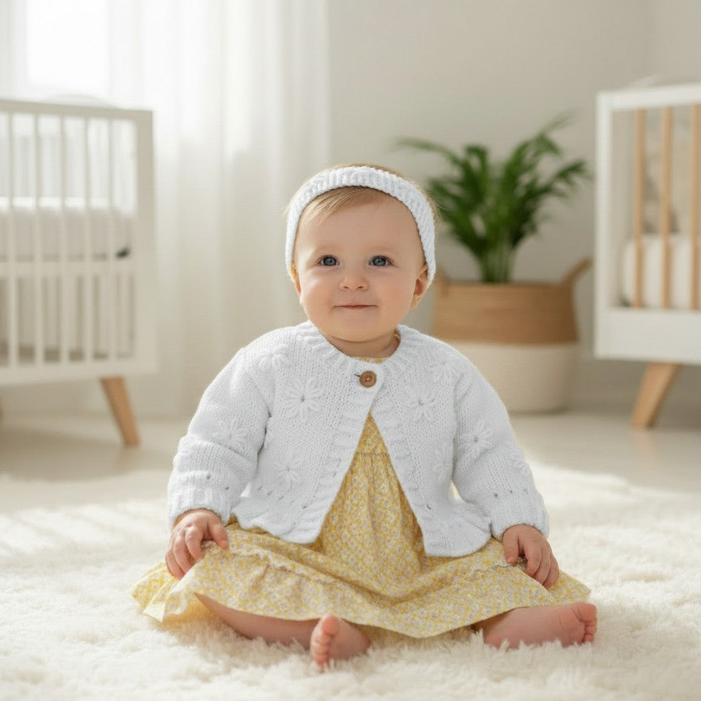 Hand Knitted Girls Cardigan & matching headband with Hand-Stitched Blooms
