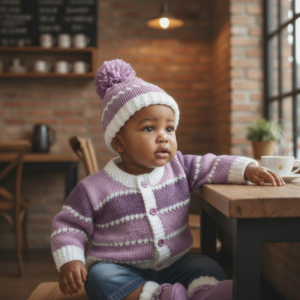 Boys' Knitted Ombre Cardigan Set – Hand-Knitted Cardigan, Hat, & Boots