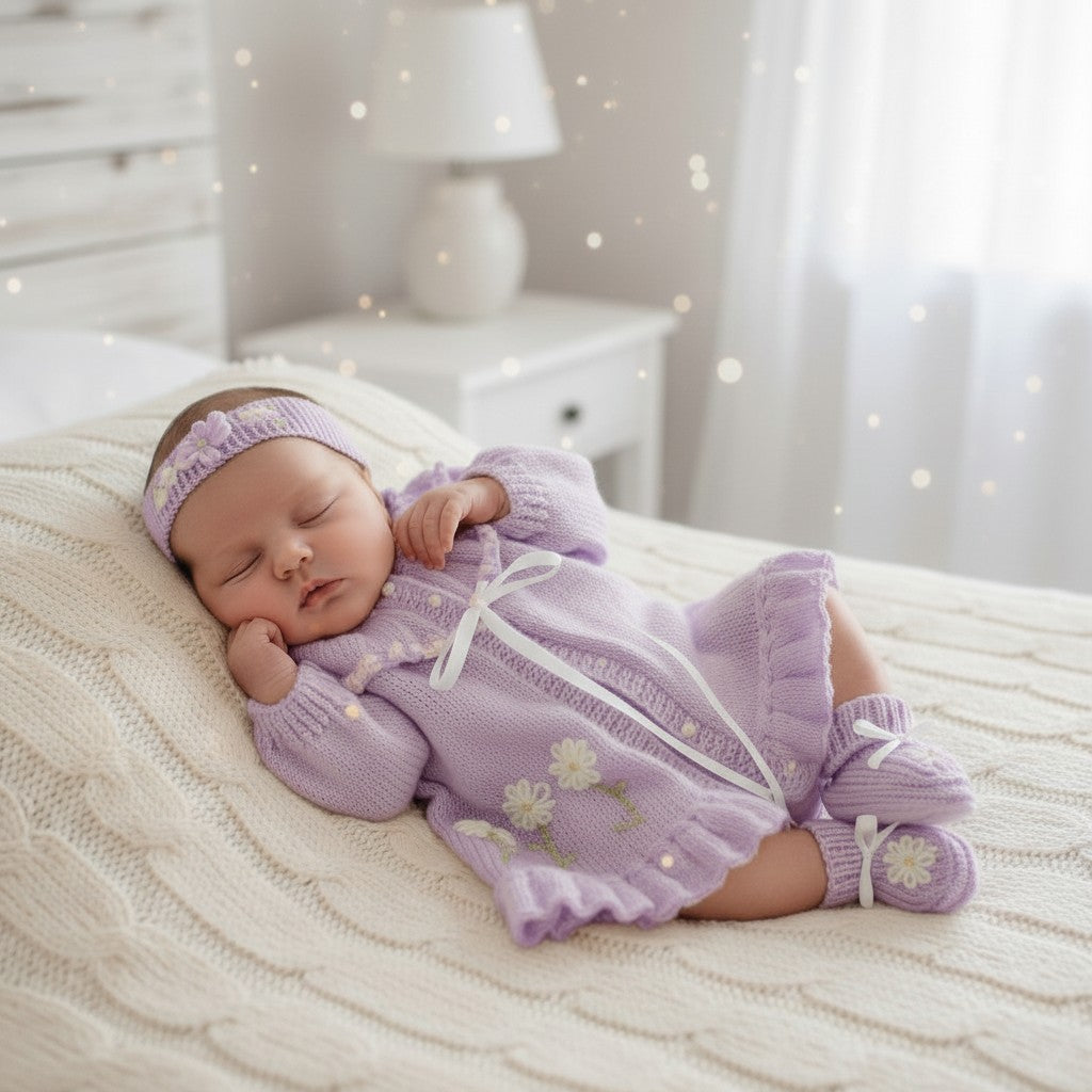 Beautiful Baby Girl Yoke Cardigan with Coordinated Headband & Booties