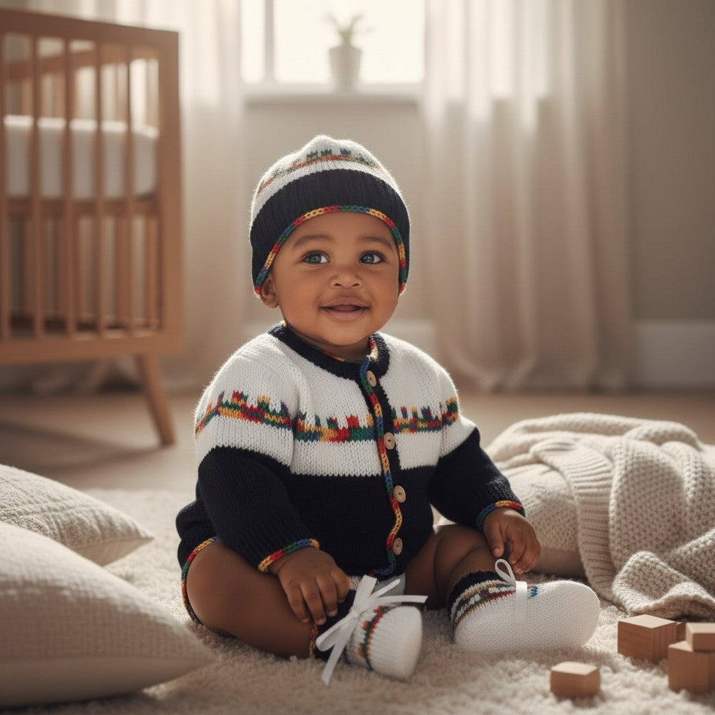 Boys Fair Isle Design Knitted Cardigan Set – Includes Matching Hat, Mitts, and Socks