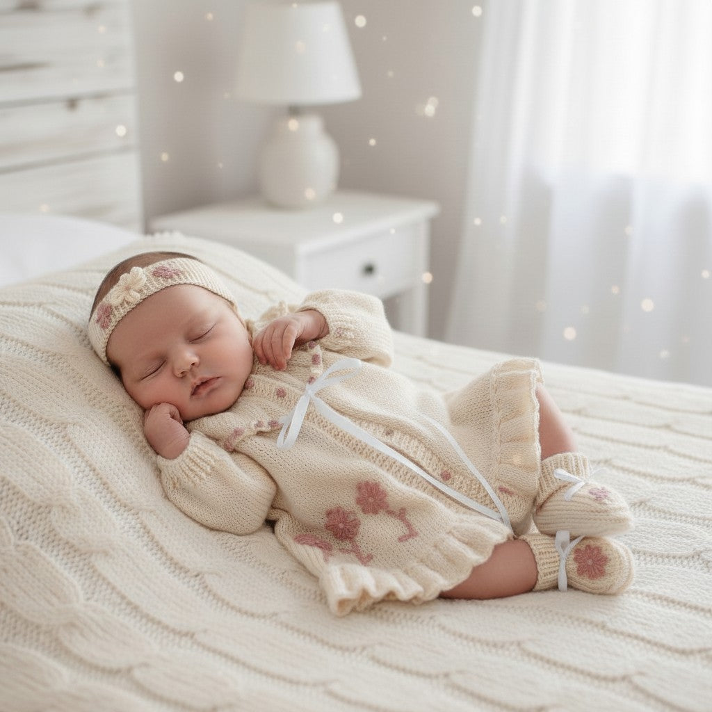 Beautiful Baby Girl Yoke Cardigan with Coordinated Headband & Booties