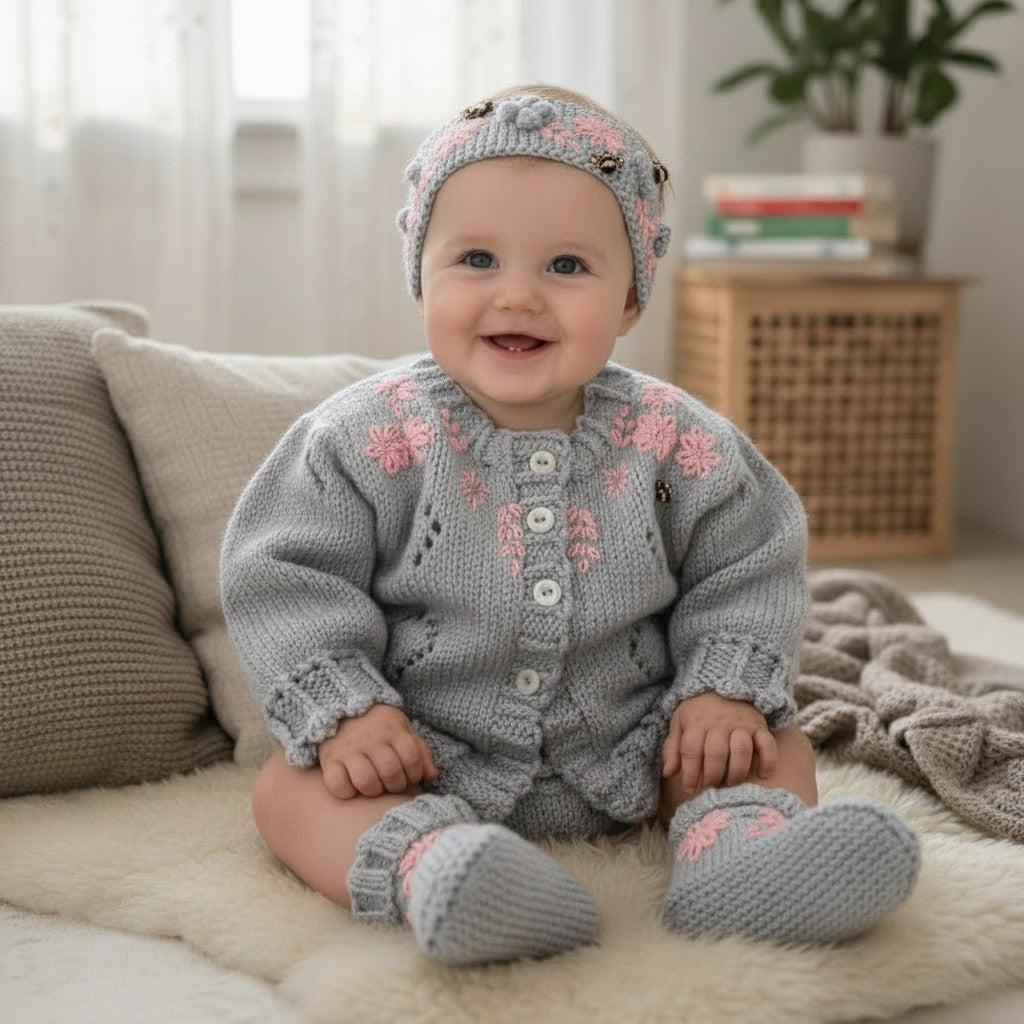 Charming Girls' Embroidered Cardigan Set: Headband & Boots Included