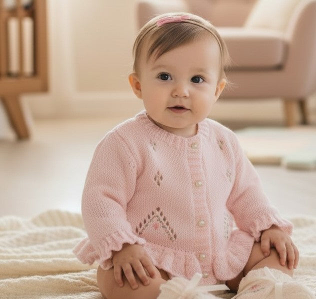 Hand Knitted Girls Cardigan with Delicate Lace Pattern & Silk Flower Embroidery
