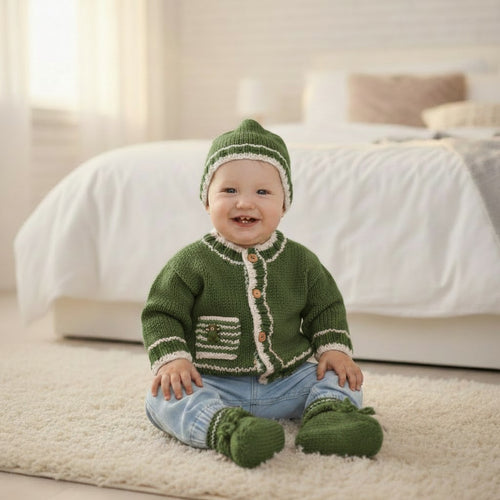 Boys' Knitted Outfit with Pocket and Teddy Bear Button Trim – Hand-Knitted Cardigan, Hat, mittens and Booties Set