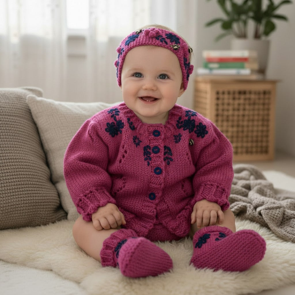 Charming Girls' Embroidered Cardigan Set: Headband & Boots Included