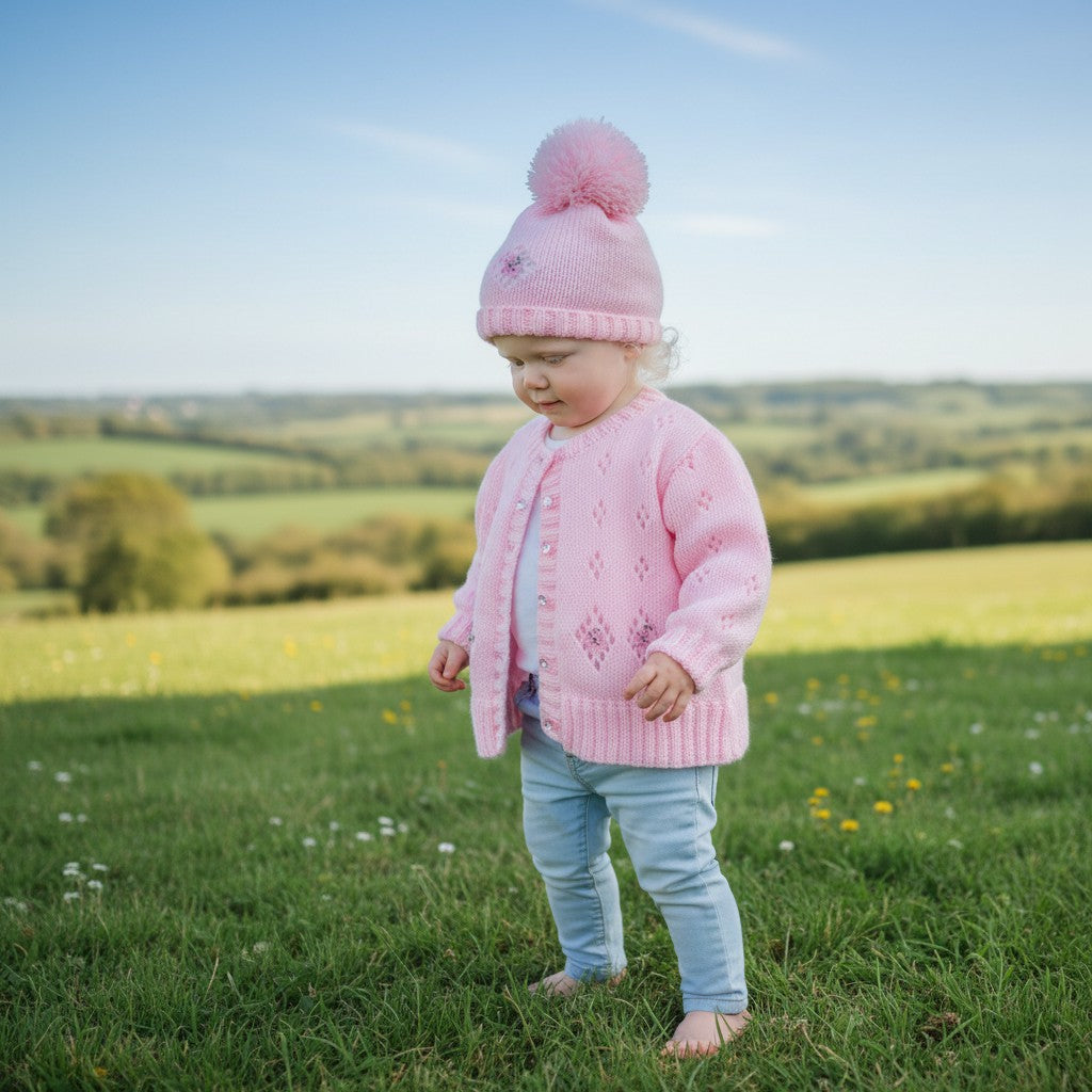 Girls knitted cardigan with diamond lacy design and embroidery