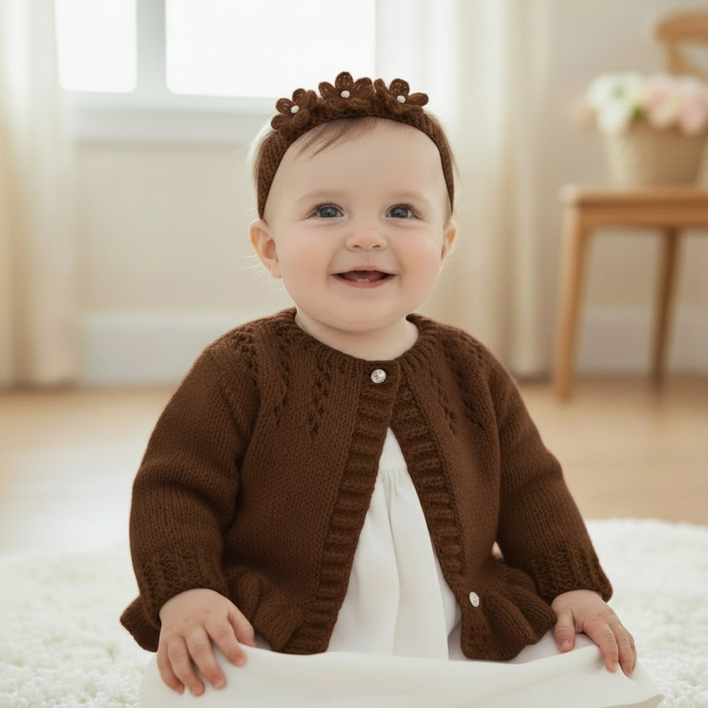 Hand Knitted Pearl-Trimmed Girls Cardigan with Matching Headband – Perfect for Christenings