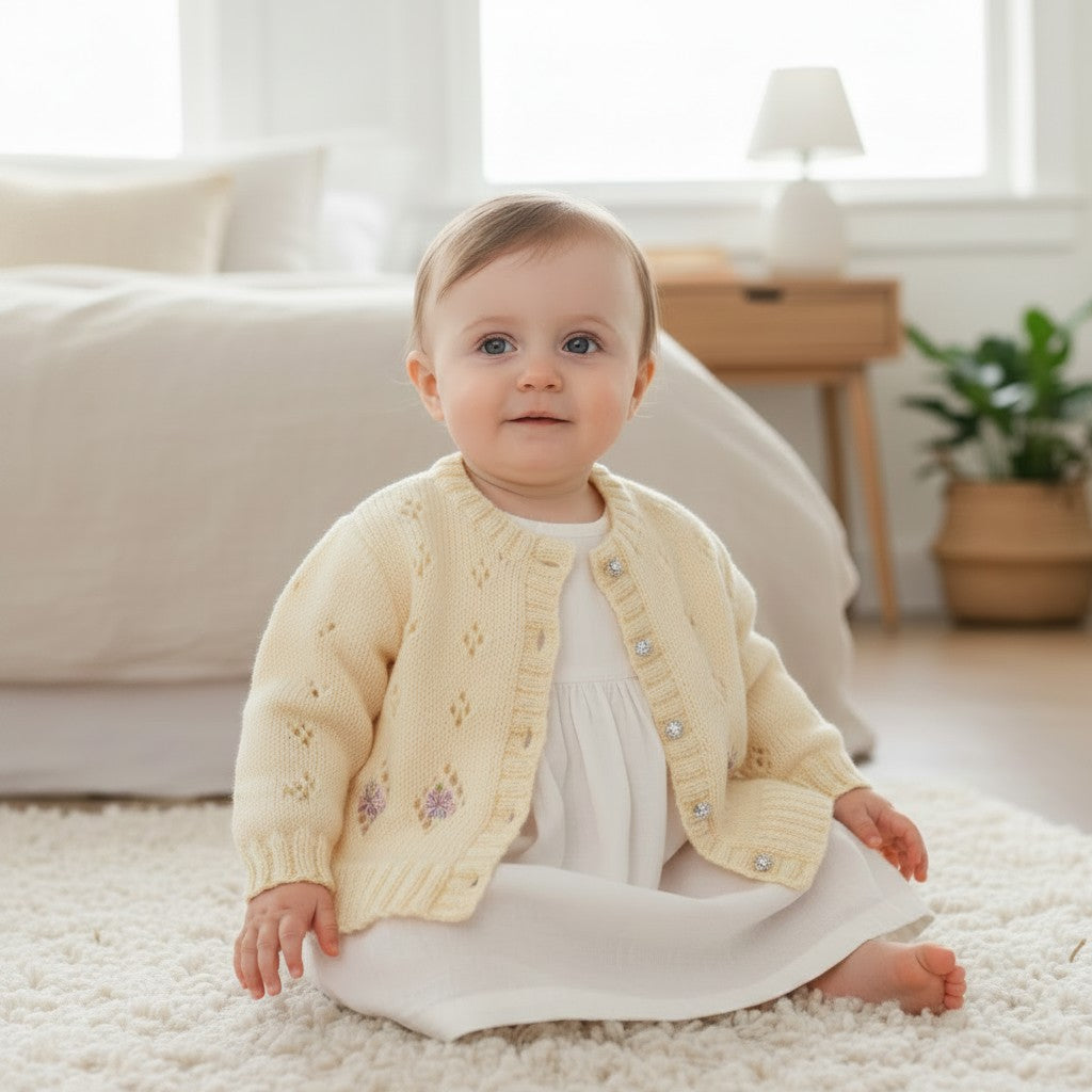 Girls knitted cardigan with diamond lacy design and embroidery