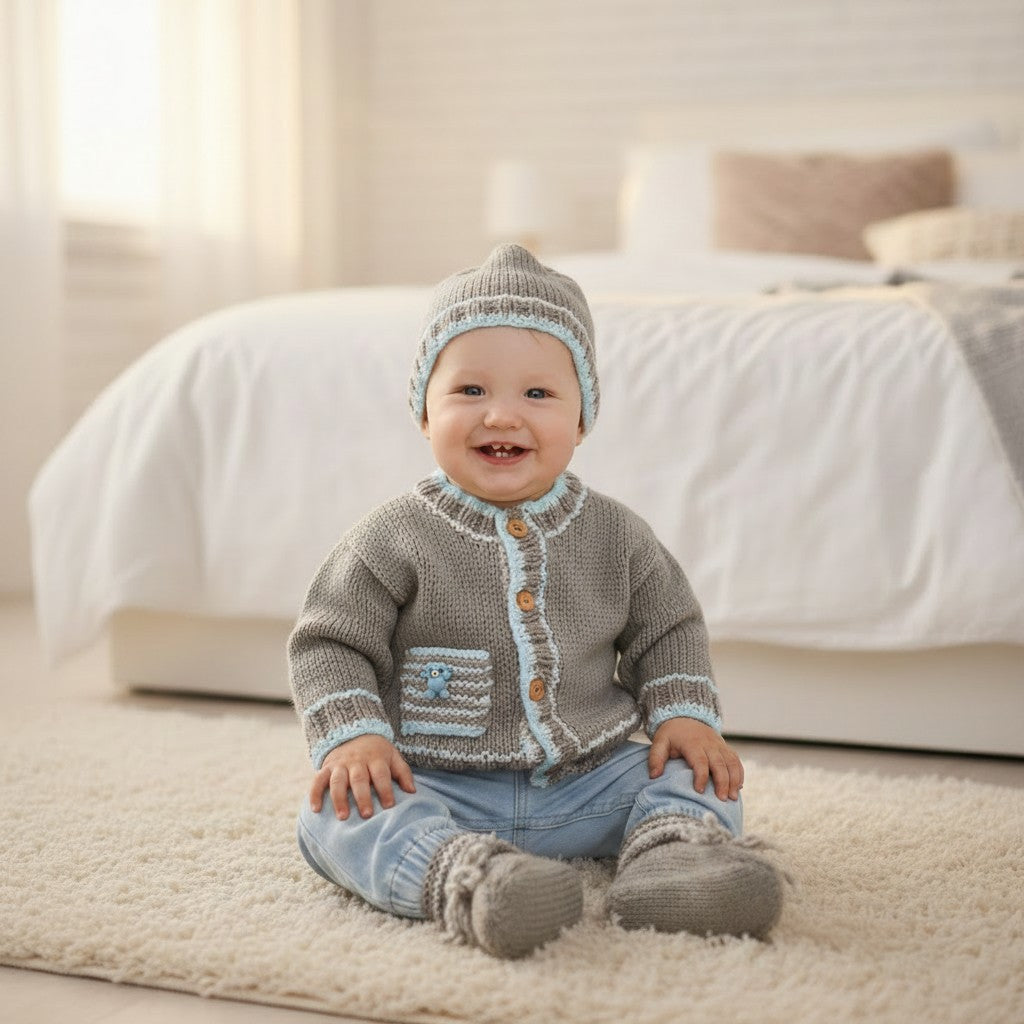 Boys' Knitted Outfit with Pocket and Teddy Bear Button Trim – Hand-Knitted Cardigan, Hat, mittens and Booties Set