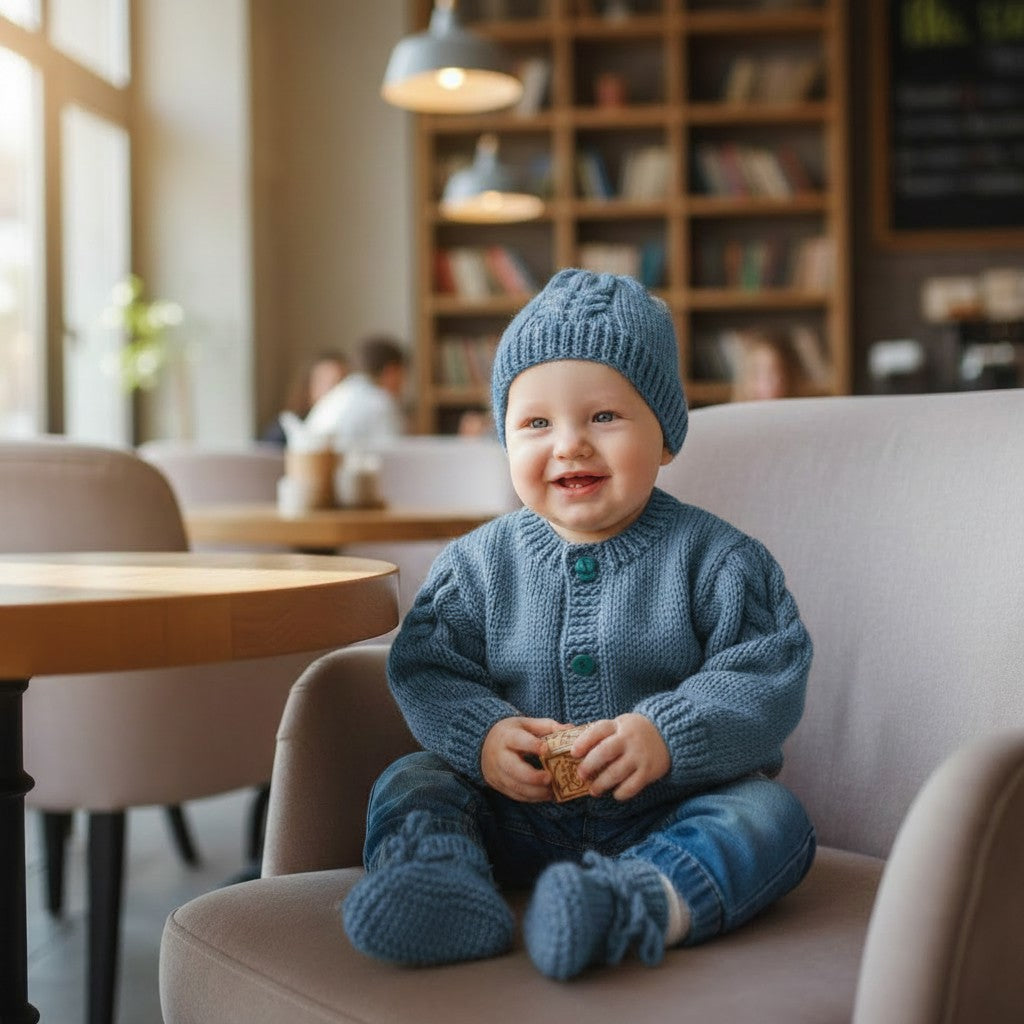 Boys' Cable Design Knitted Cardigan with Matching Hat and Boots – Classic Baby Boy Sweater Set