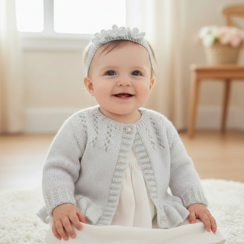 Hand Knitted Pearl-Trimmed Girls Cardigan with Matching Headband – Perfect for Christenings