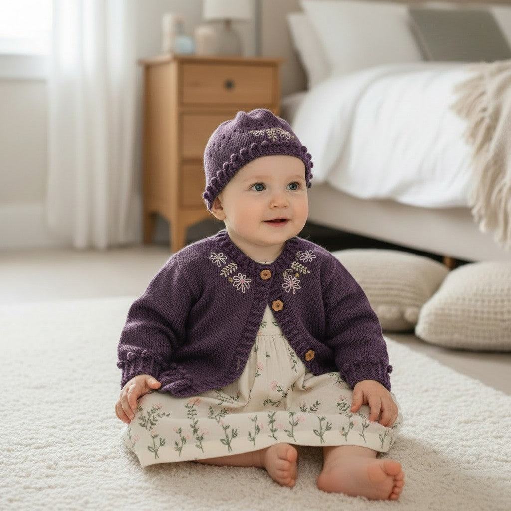 Hand-Knitted Baby Girl Cardigan & Hat Set –  Embroidered silk Flowers