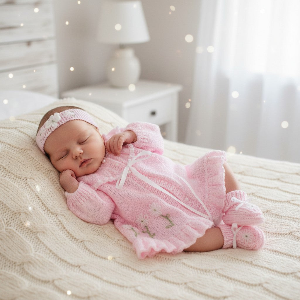 Beautiful Baby Girl Yoke Cardigan with Coordinated Headband & Booties