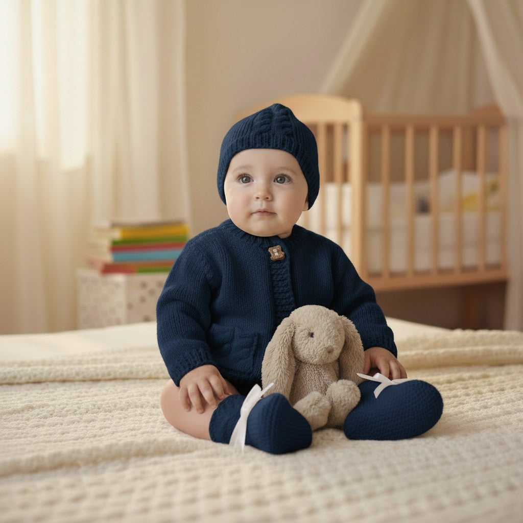 Boys' Cable Design Knitted Cardigan with Matching Hat and Boots – Classic Baby Boy Sweater Set