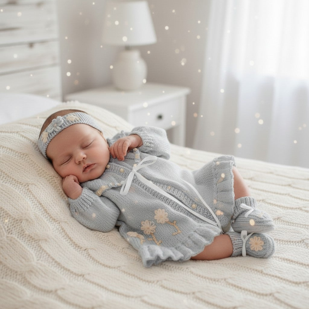Beautiful Baby Girl Yoke Cardigan with Coordinated Headband & Booties