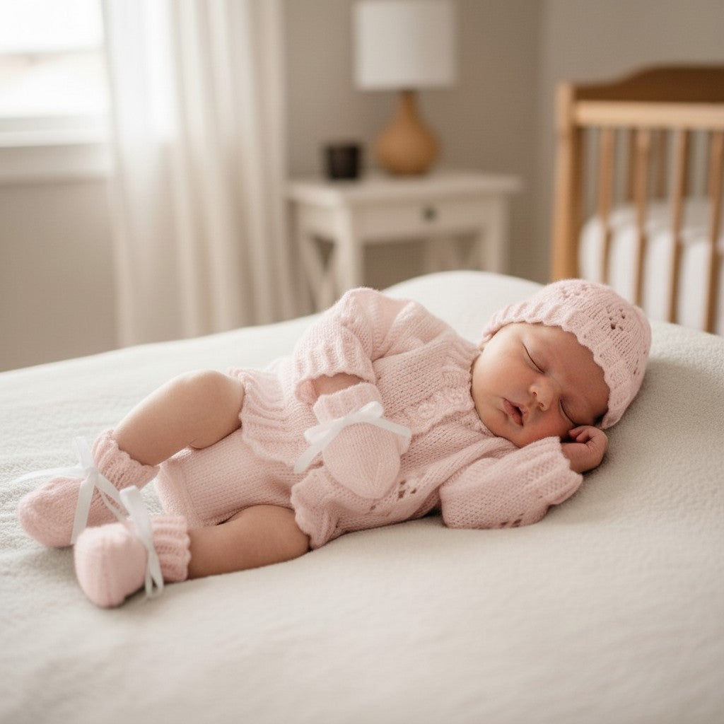 Handcrafted Baby Cardigan with matching hat, mittens & boots  – Perfect for Newborns