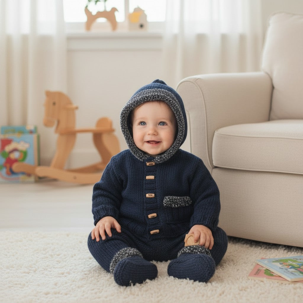 Boys' Plush-Trimmed Knitted Hoodie with Matching Ugg Boots – Cozy Baby Hoodie Set