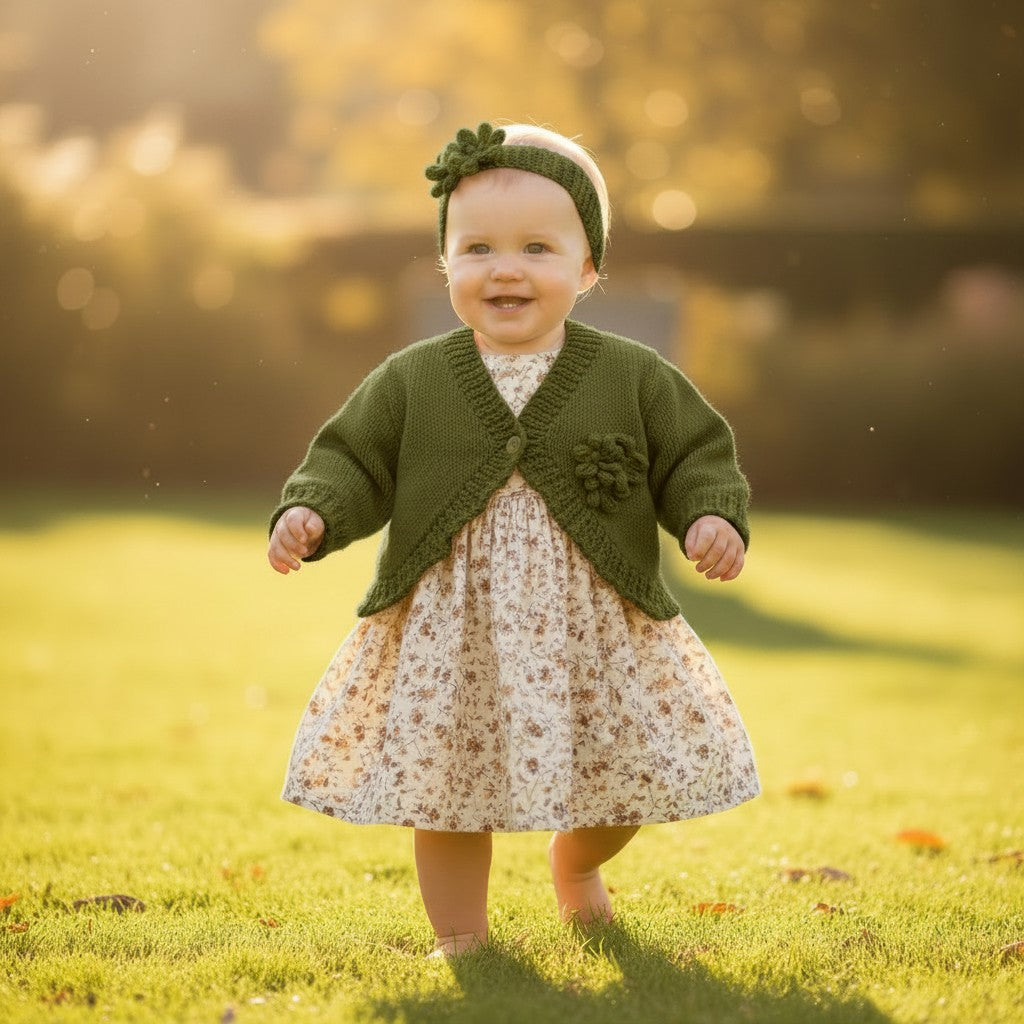 Hand Knitted Bolero Style Girls Cardigan with Knitted Flowers & Matching Headband – Perfect for Spring & Summer