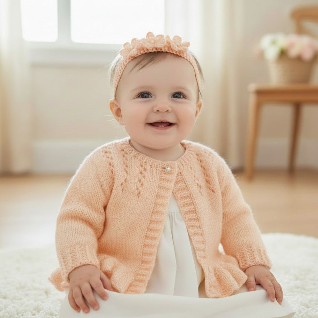 Hand Knitted Pearl-Trimmed Girls Cardigan with Matching Headband – Perfect for Christenings