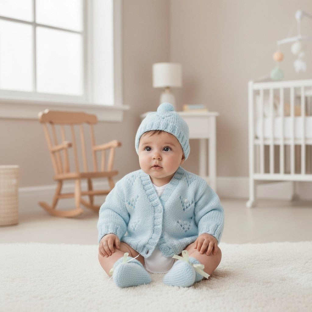 Gorgeous Hand-Knitted Unisex Baby Cardigan with  Matching Hat, Booties & Mittens
