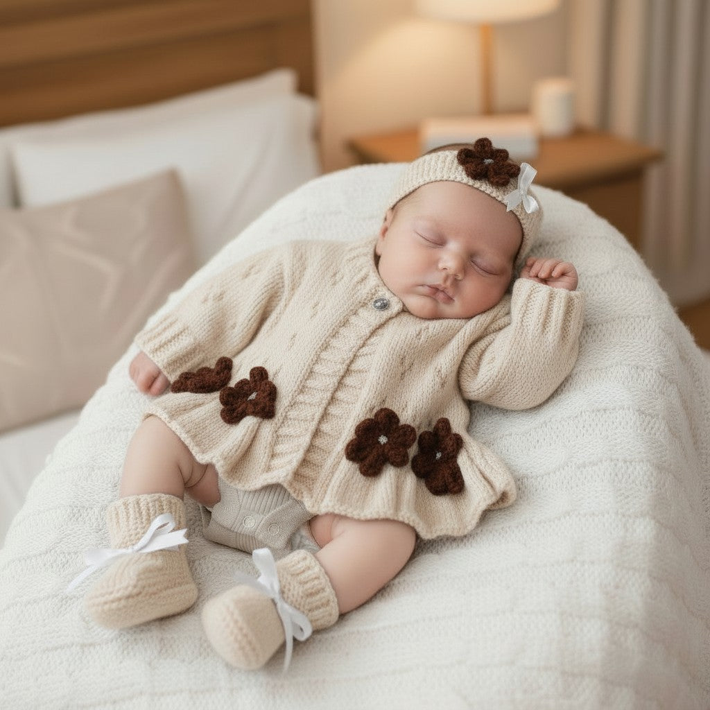 Hand-Knitted Baby Girl Cardigan with Fluted Hem & Flower trim with headband and booties