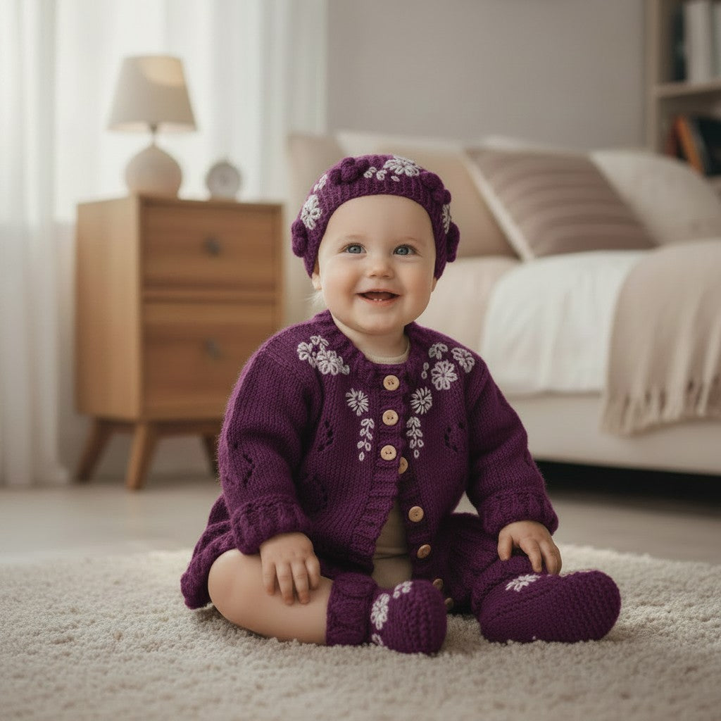 Charming Girls' Embroidered Cardigan Set: Headband & Boots Included