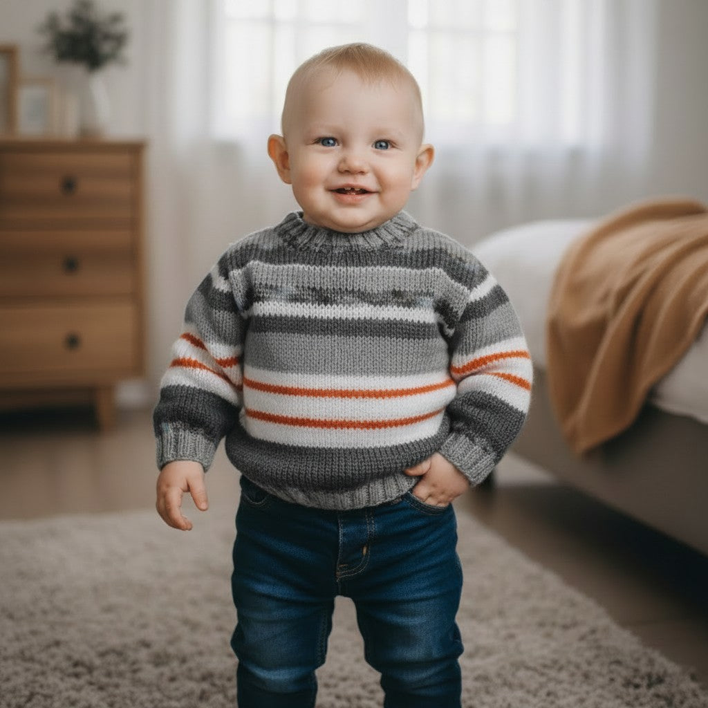 Boys' Knitted Round Neck Stripe Sweater – Hand-Knitted Striped Pullover