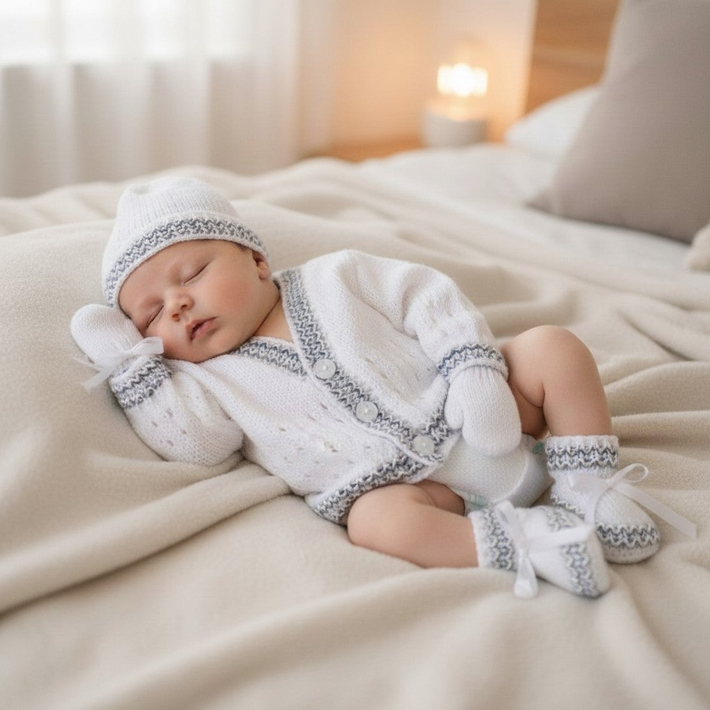 Stripy Knitted Baby Set – Cardigan, Hat, Mittens & Booties