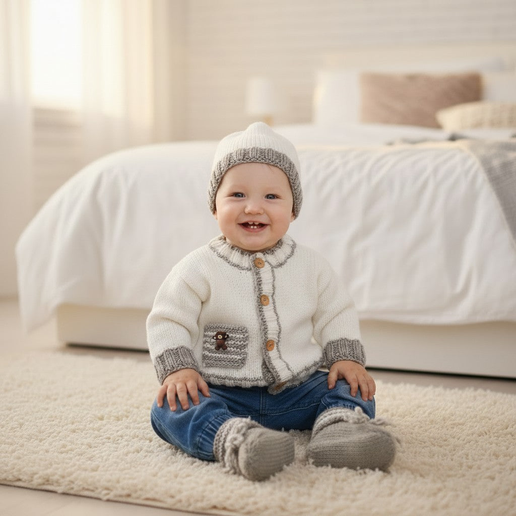 Boys' Knitted Outfit with Pocket and Teddy Bear Button Trim – Hand-Knitted Cardigan, Hat, mittens and Booties Set