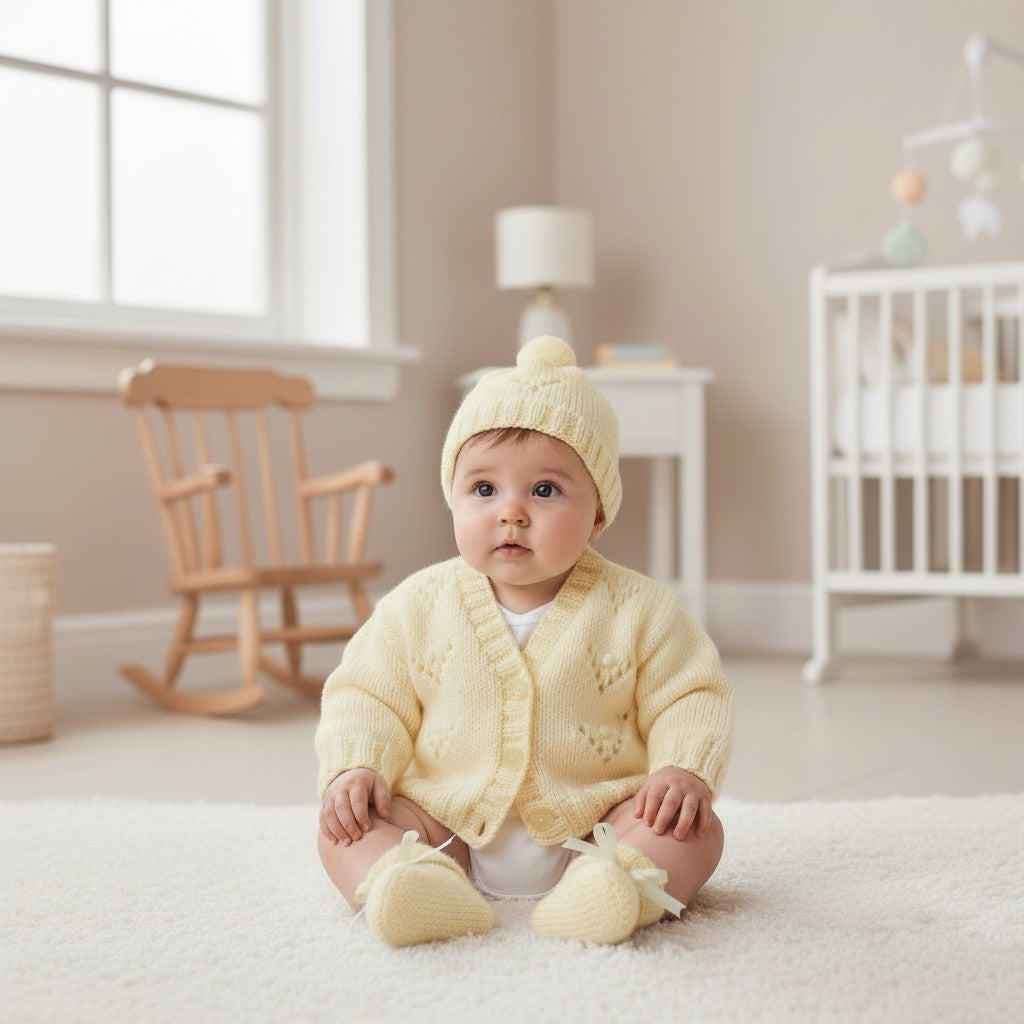 Gorgeous Hand-Knitted Unisex Baby Cardigan with  Matching Hat, Booties & Mittens