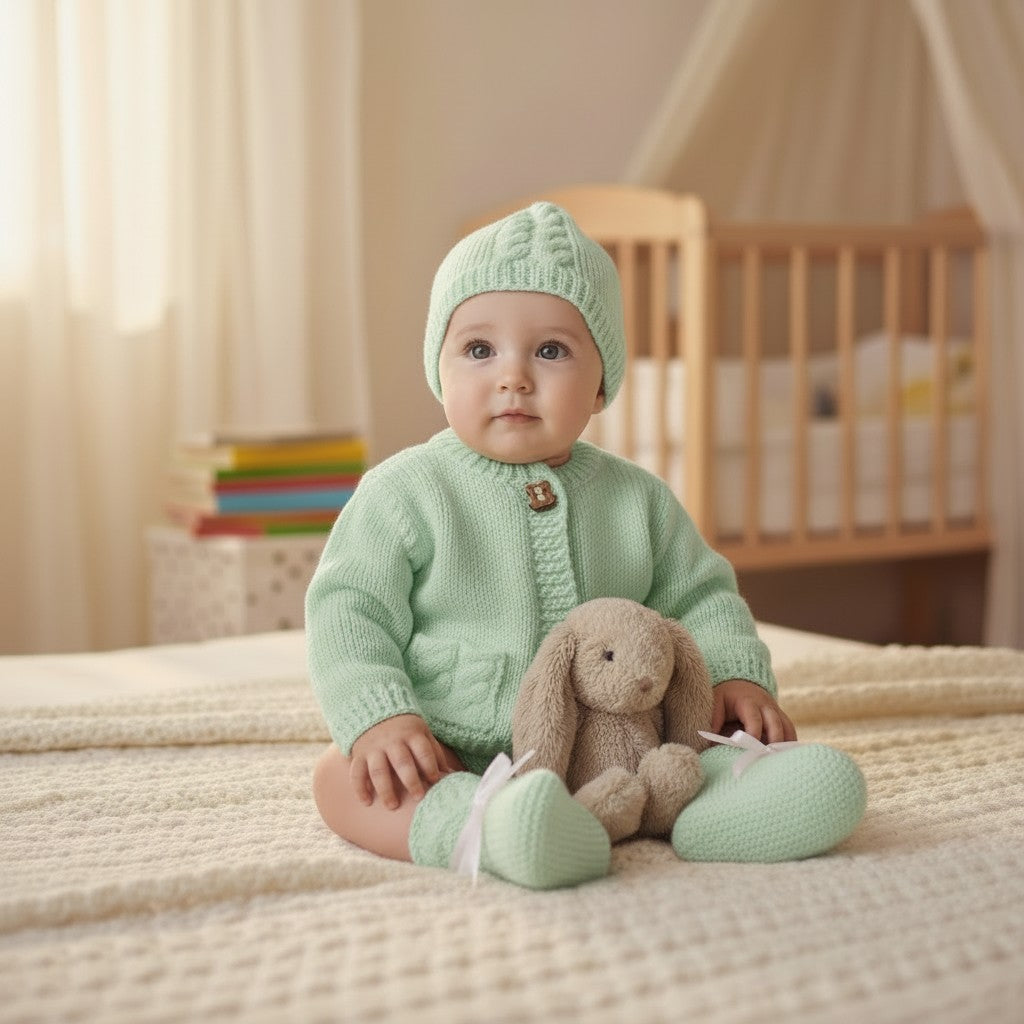 Boys' Cable Design Knitted Cardigan with Matching Hat and Boots – Classic Baby Boy Sweater Set