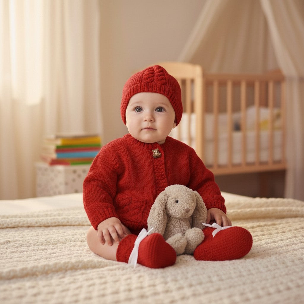 Boys' Cable Design Knitted Cardigan with Matching Hat and Boots – Classic Baby Boy Sweater Set