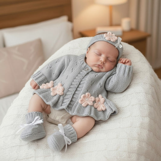 Hand-Knitted Baby Girl Cardigan with Fluted Hem & Flower trim with headband and booties